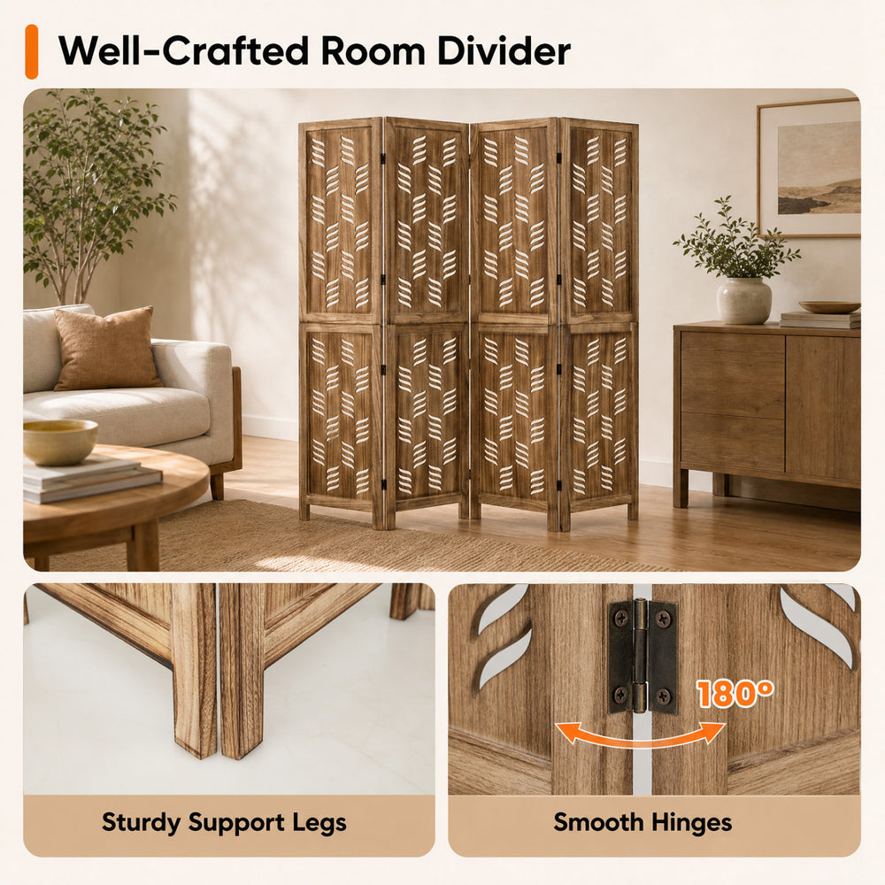 Room divider featuring 4 panels with wave cutouts, made of brown paulownia wood, ideal for creating privacy in any space.