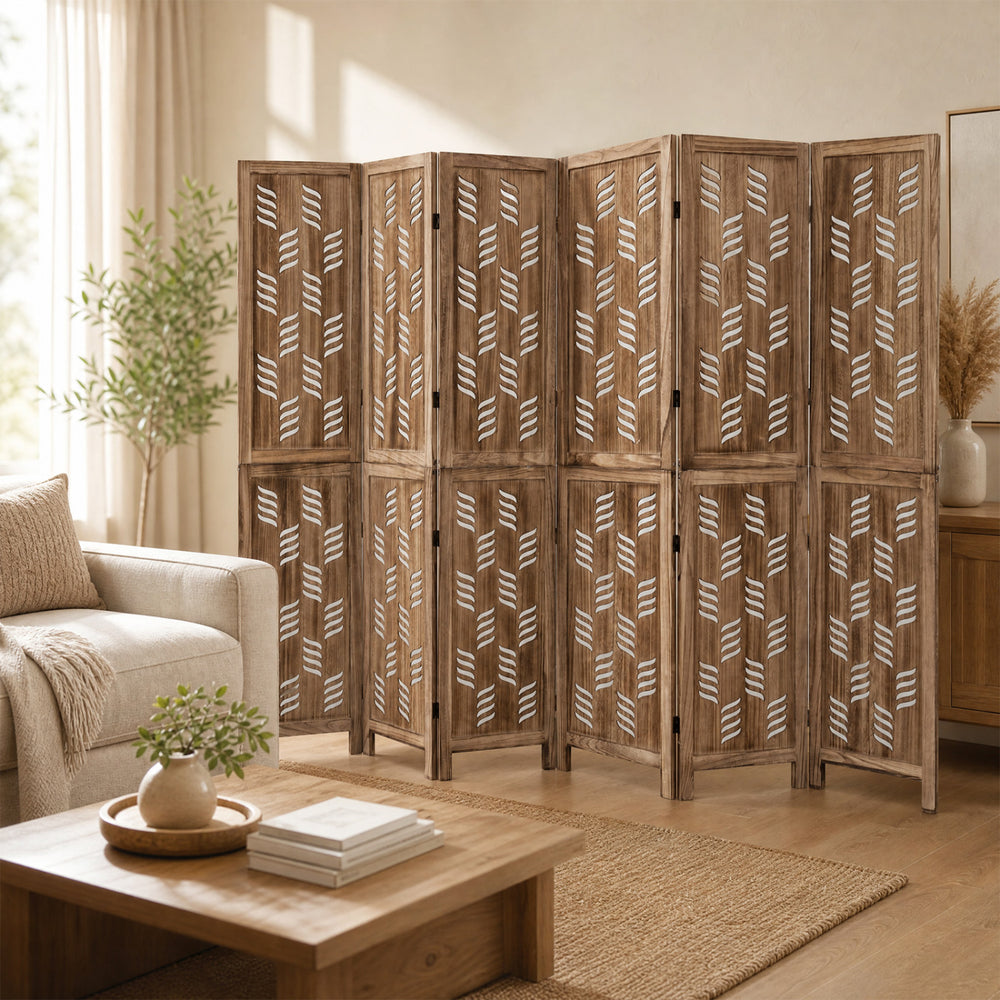 Tall 5.5 FT room divider with 6 panels, crafted from premium paulownia wood, ideal for creating privacy in any space.