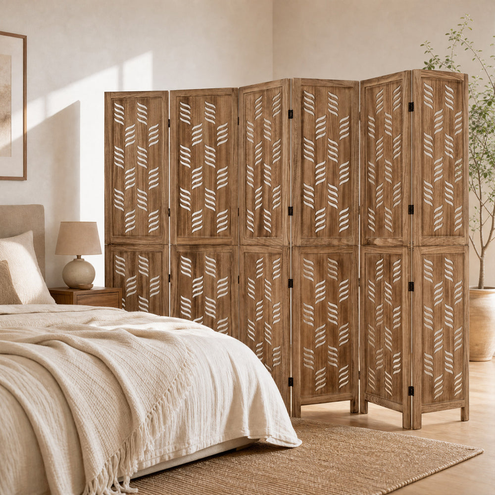6-panel room divider made of paulownia wood features artistic wave cutouts, ideal for creating privacy in any room.