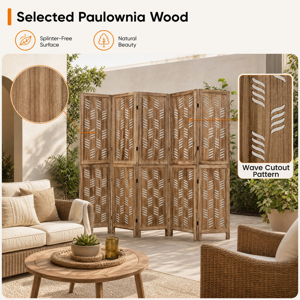 5.5 FT tall room divider featuring 6 panels of selected paulownia wood with artistic wave cutout patterns for versatile privacy.