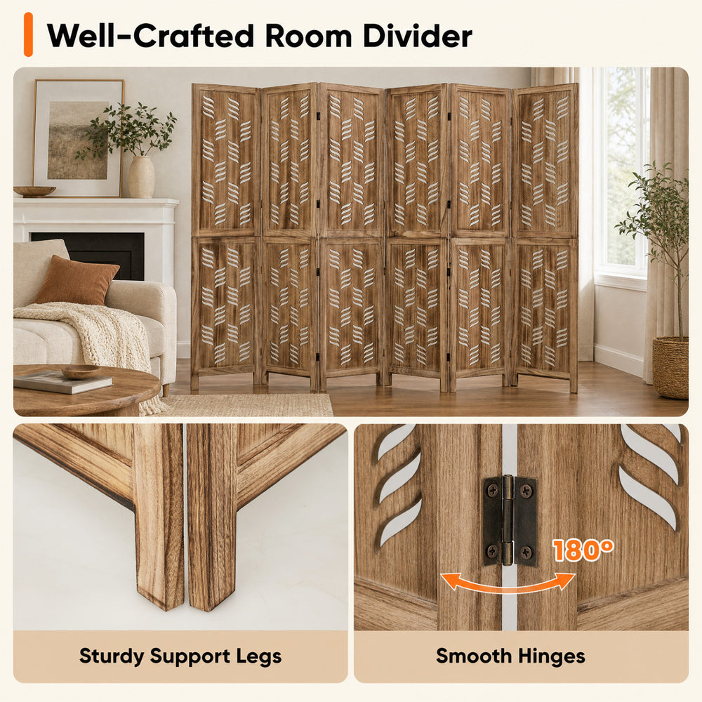 6-panel room divider made of paulownia wood with wave cutout design, ideal for privacy in living rooms or offices.