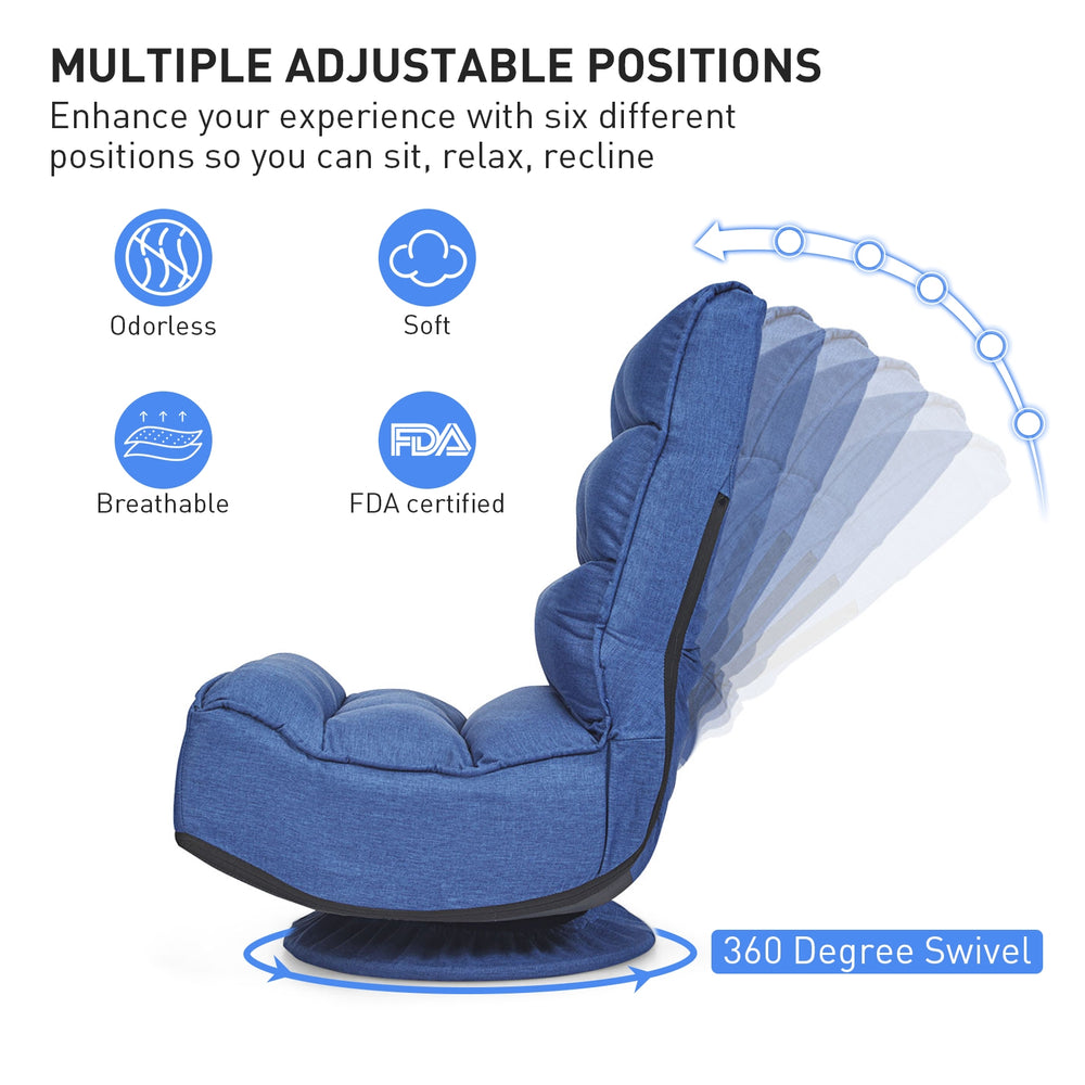 Adjustable 5-position navy floor gaming chair with 360-degree swivel, breathable fabric, and foldable design for easy.