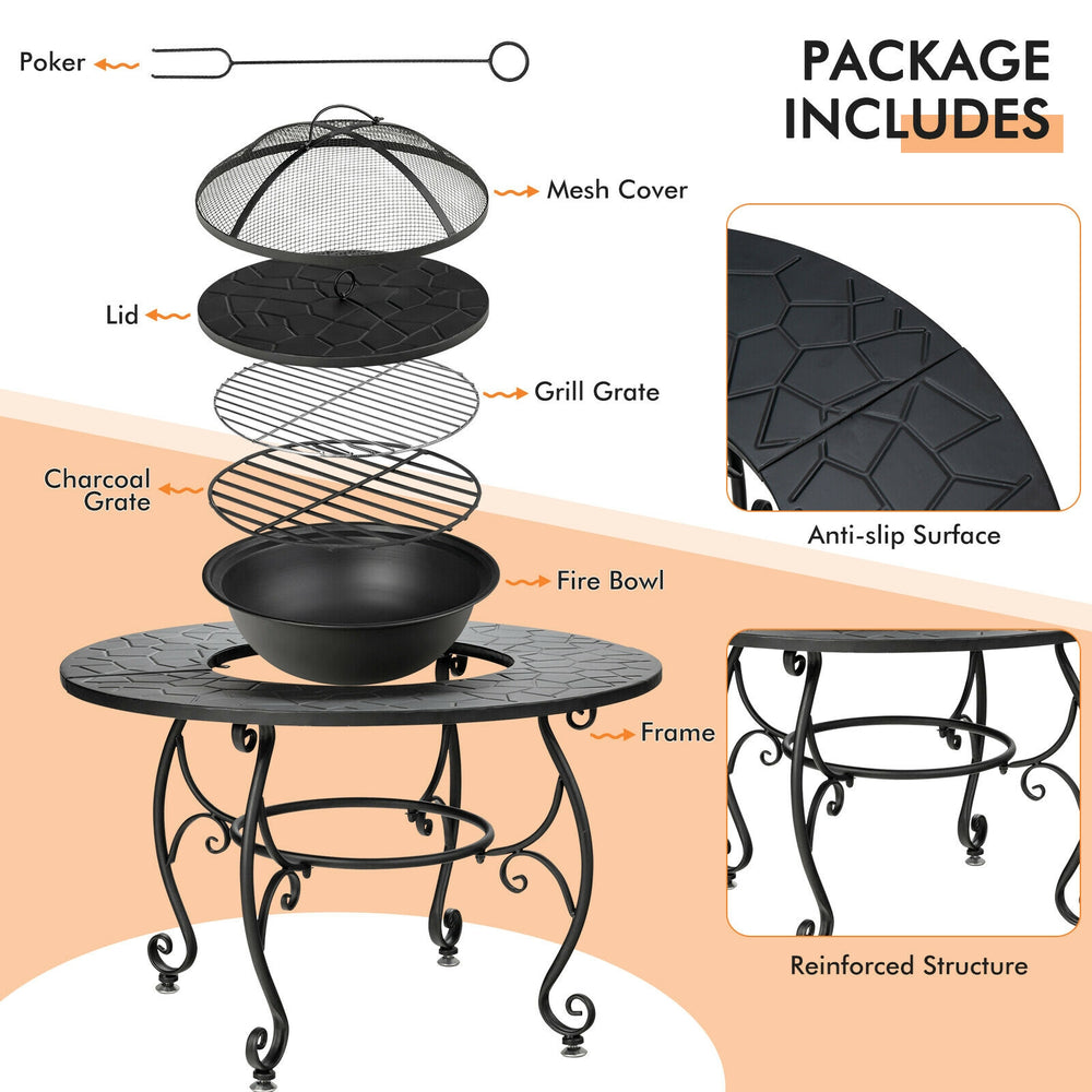 Round 35.5-inch patio fire pit dining table with cooking BBQ grate, heavy-duty steel frame, ideal for outdoor.