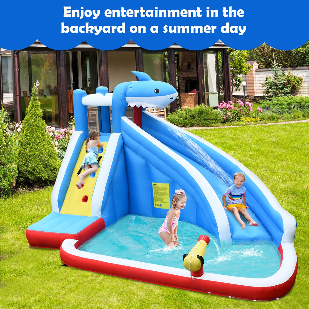 Inflatable Shark Bounce House with water slide and splash pool, perfect for backyard fun for kids aged 4-12.
