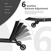 6-position adjustable backrest of a black outdoor chaise recliner with wheels, ideal for sunbathing and relaxation.