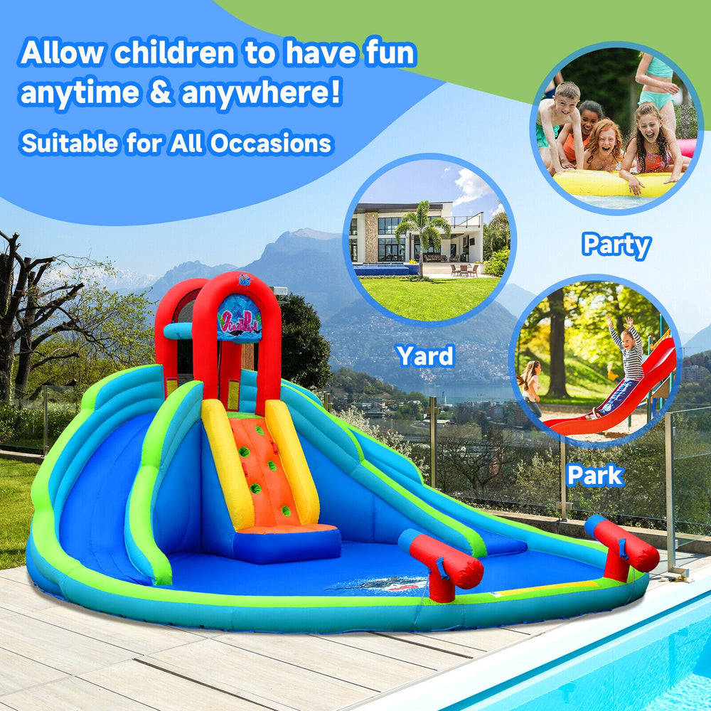 Inflatable waterslide bounce house with two slides, climbing wall, and splash pool for outdoor fun and safety.