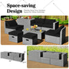 8-piece patio rattan furniture set with storage, black cushions, and waterproof cover, perfect for outdoor relaxation.