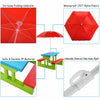 Kids picnic folding table and bench set with red umbrella, made of non-toxic PP material, perfect for outdoor play.