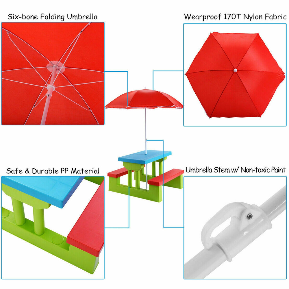 Kids picnic folding table and bench set with red umbrella, made of non-toxic PP material, perfect for outdoor play.