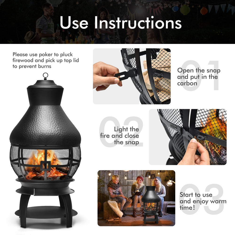 Patio wood burning chimney fireplace with heavy-duty cast iron, round mesh screen, and fire poker for outdoor warmth.