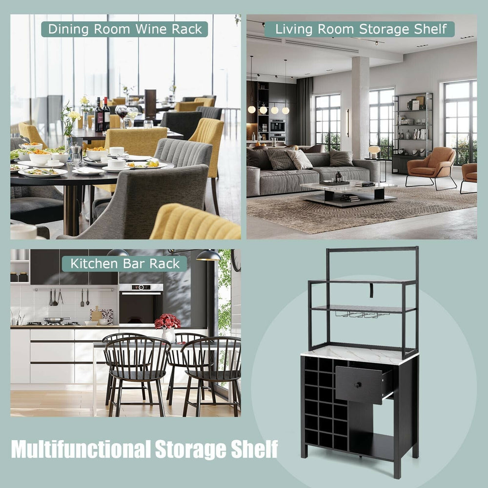 Freestanding black kitchen baker's rack with wine glass holder, drawer, and 3-tier shelf for versatile storage.