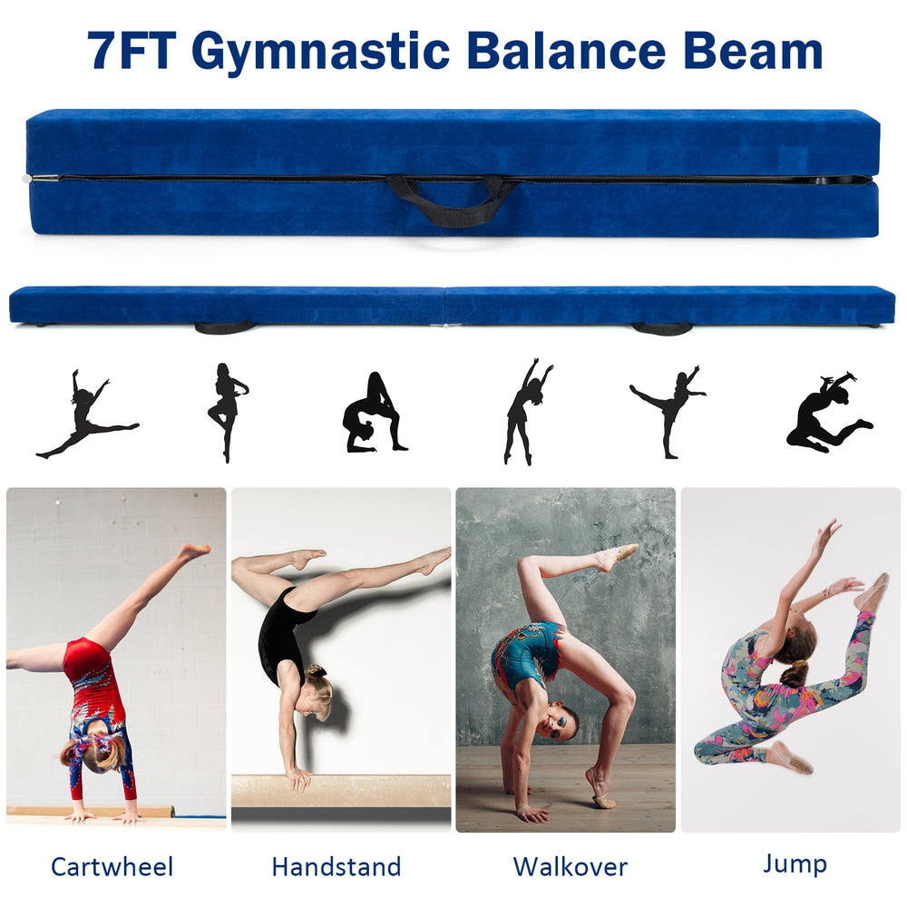 7FT blue folding balance beam with handles, featuring a wood core and foam top for safe gymnastic training at home.