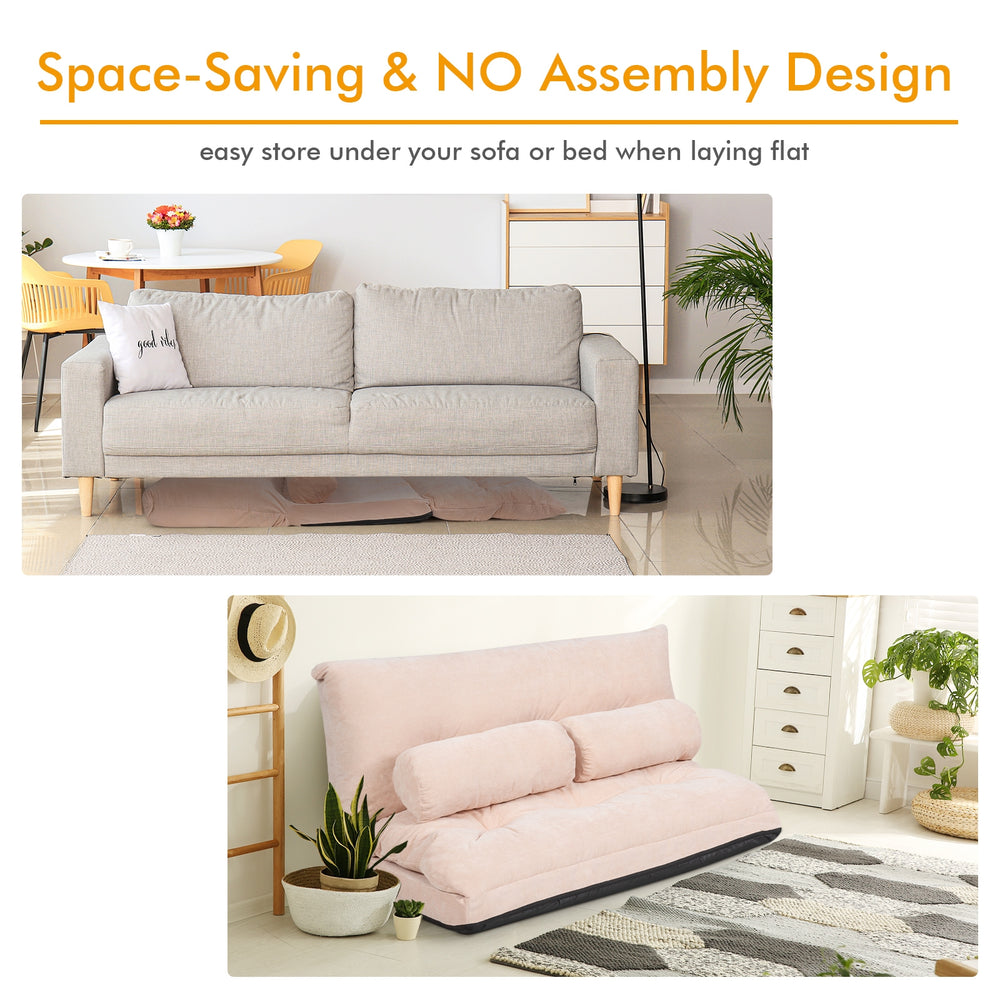 Adjustable beige sleeper lounge couch with two pillows, featuring a foldable design for easy storage and versatile use.