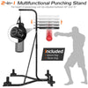 Multifunctional boxing stand with adjustable speed bag and heavy bag, featuring a sturdy steel frame for home gym use.