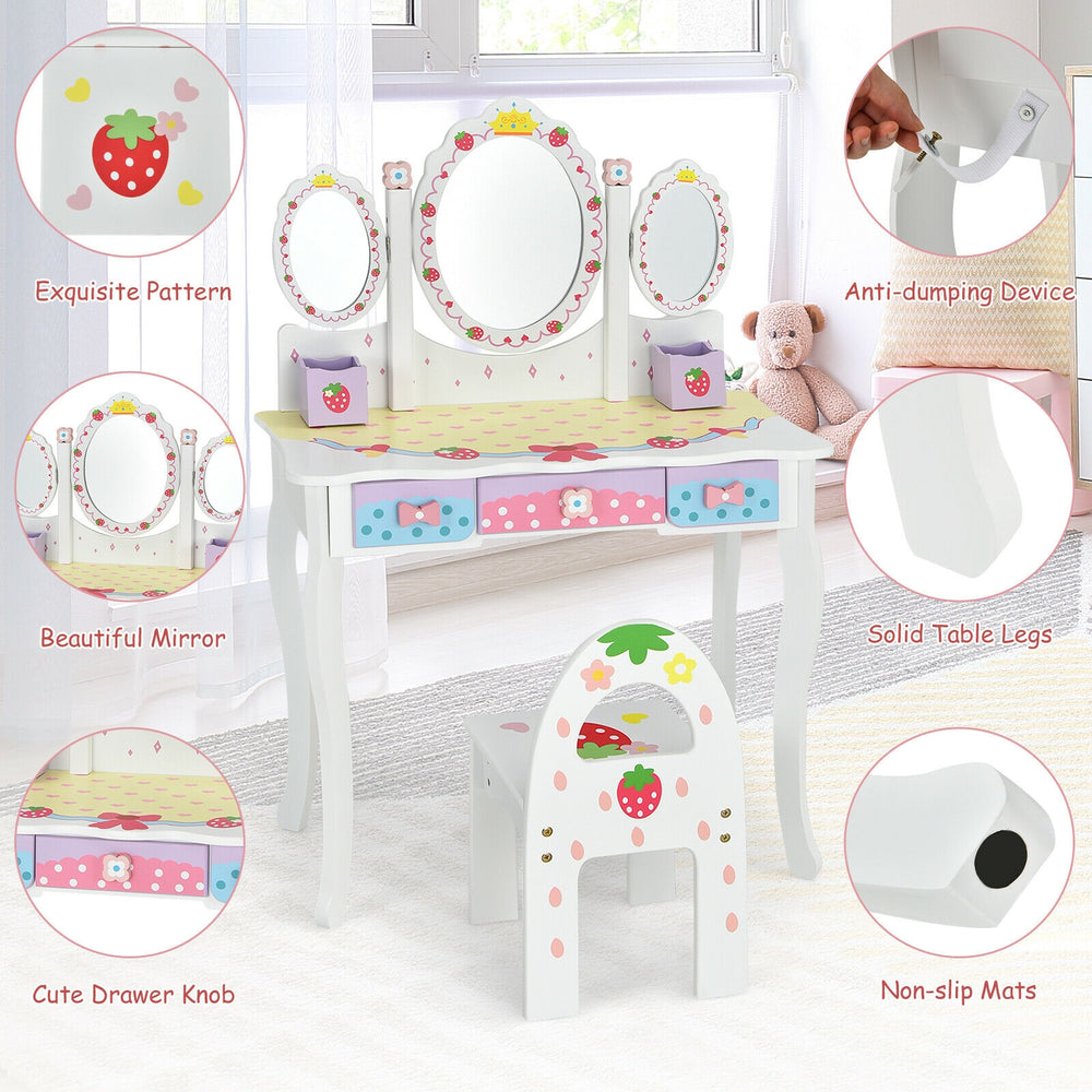 Kids vanity set featuring a tri-fold mirror, 3 drawers, and a chair, designed for safe and stylish playtime.