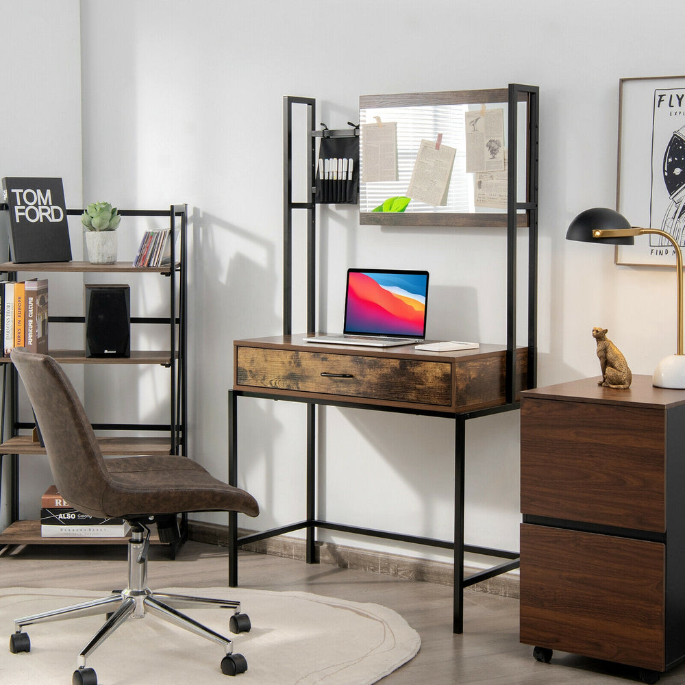 Industrial vanity table in bag-brown with adjustable mirror, spacious drawer, and sturdy metal frame for stylish makeup.