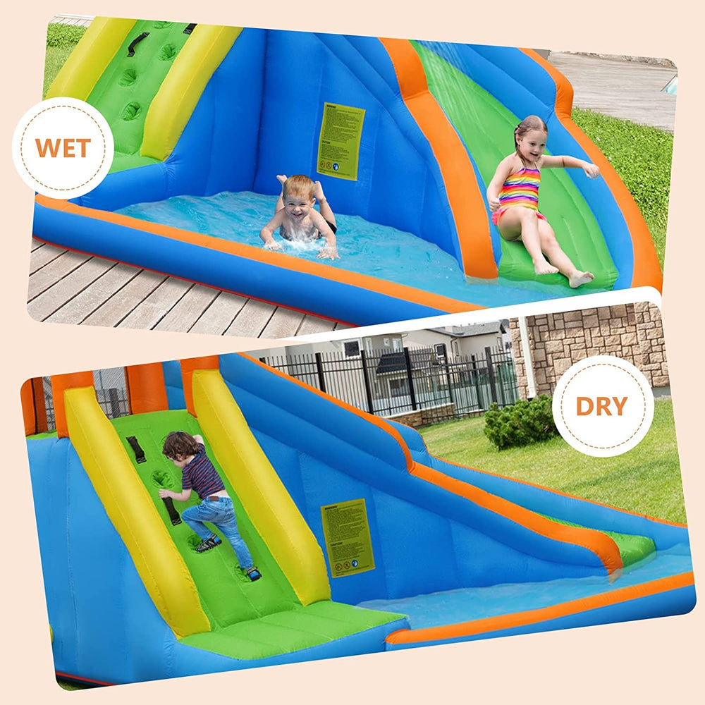 Kids inflatable water slide showing the dry climbing wall, constructed from durable Oxford material for versatile.