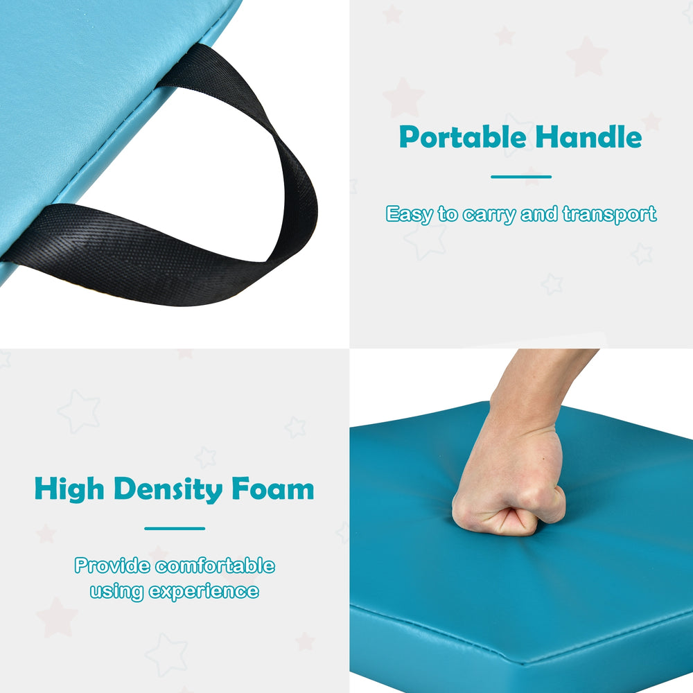 High-density blue foam cushion with portable handle, ideal for toddler seating in classrooms and play areas.