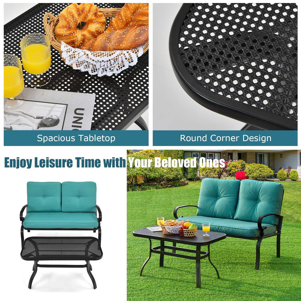 Turquoise cushioned loveseat and coffee table set with spacious tabletop, perfect for outdoor relaxation and gatherings.