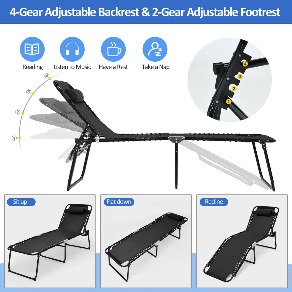 Foldable black lounge chair with adjustable backrest and footrest, perfect for beach, camping, or temporary bed use.