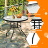 32-inch round patio table with tempered glass top, black steel frame, and umbrella hole for outdoor dining.