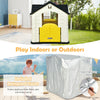 Kid’s playhouse toy set in yellow with open doors and included rainproof cover for indoor or outdoor fun.