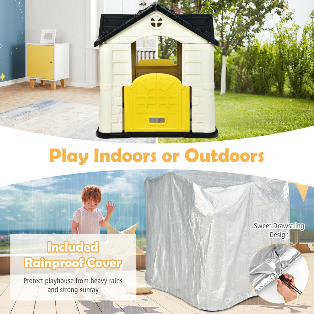 Kid’s playhouse toy set in yellow with open doors and included rainproof cover for indoor or outdoor fun.