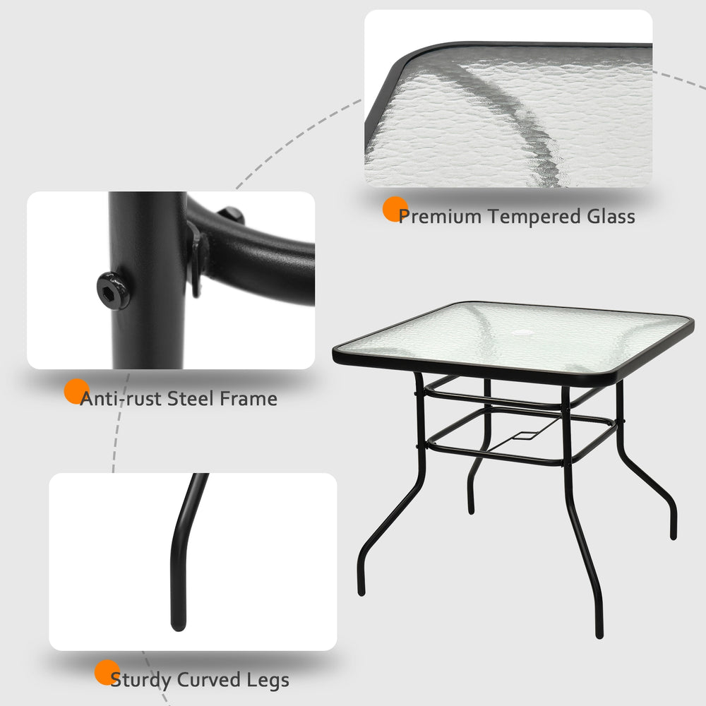 Square 32-inch patio table with tempered glass top, black steel frame, and sturdy curved legs for outdoor dining.