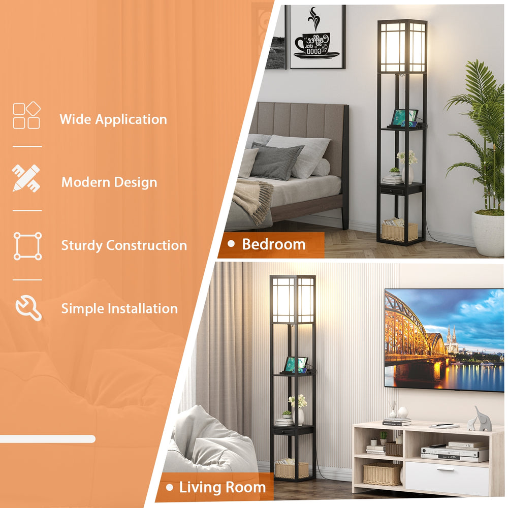 Modern floor lamp with shelves and drawer, featuring USB ports and a white lampshade for bedroom or living room use.