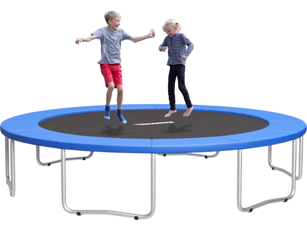 Blue 16 feet trampoline safety pad with kids jumping, featuring waterproof and tear-resistant material for outdoor use.