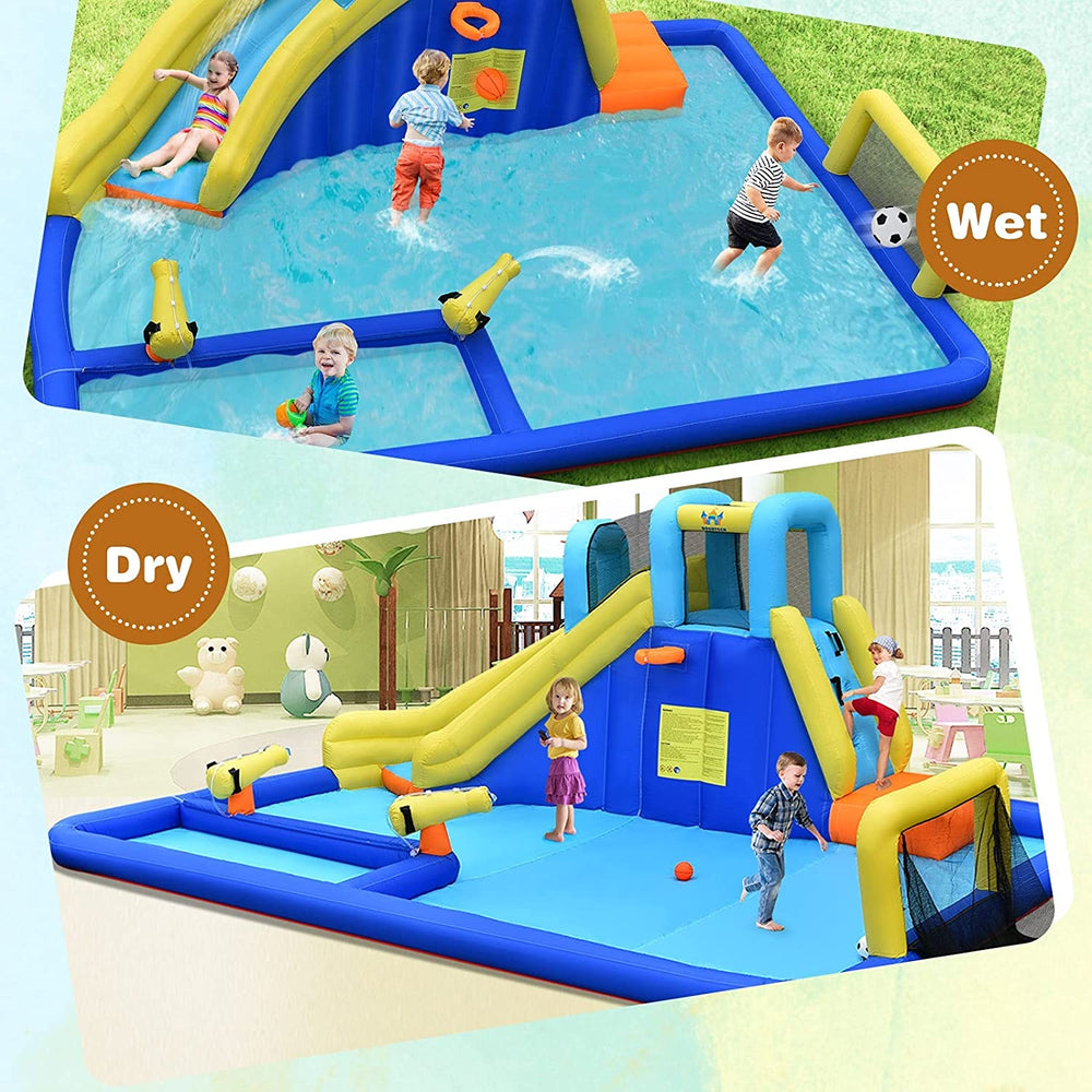 6-in-1 inflatable water slide with blower, featuring wet and dry play areas for kids, made of durable Oxford cloth.