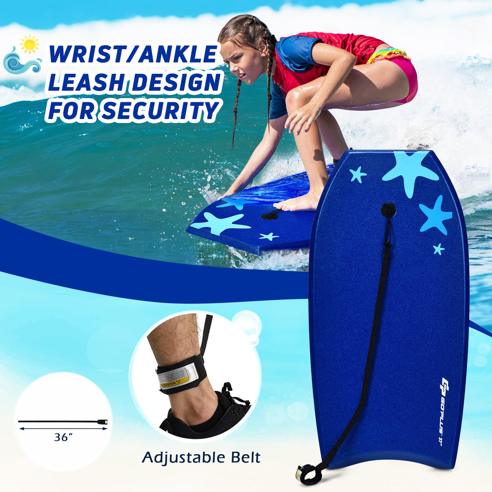 Lightweight 41-inch bodyboard with crescent tail, EPS core, and wrist leash for safety, perfect for summer surfing.