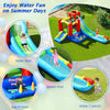 Inflatable kids water slide bounce house featuring a splash pool, water cannon, and ball pit for outdoor summer fun.