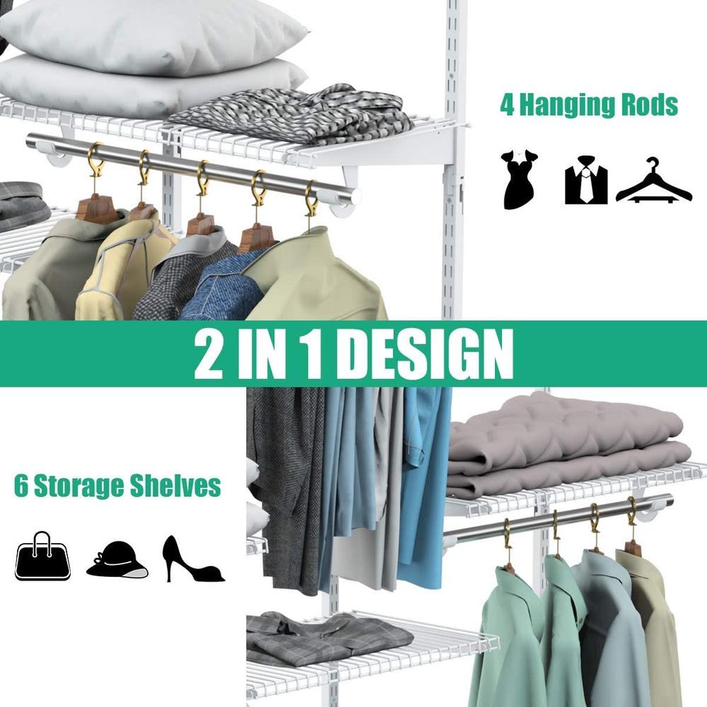 Adjustable wall-mounted closet rack system featuring 4 hanging rods and 6 shelves for organized storage in bedrooms or.