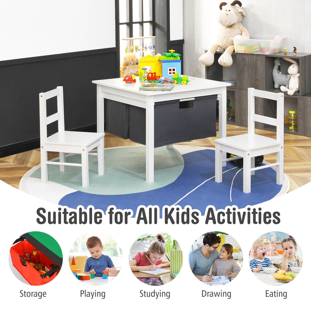 Kids double-sided activity table in white with storage drawers, perfect for playing, studying, and drawing.