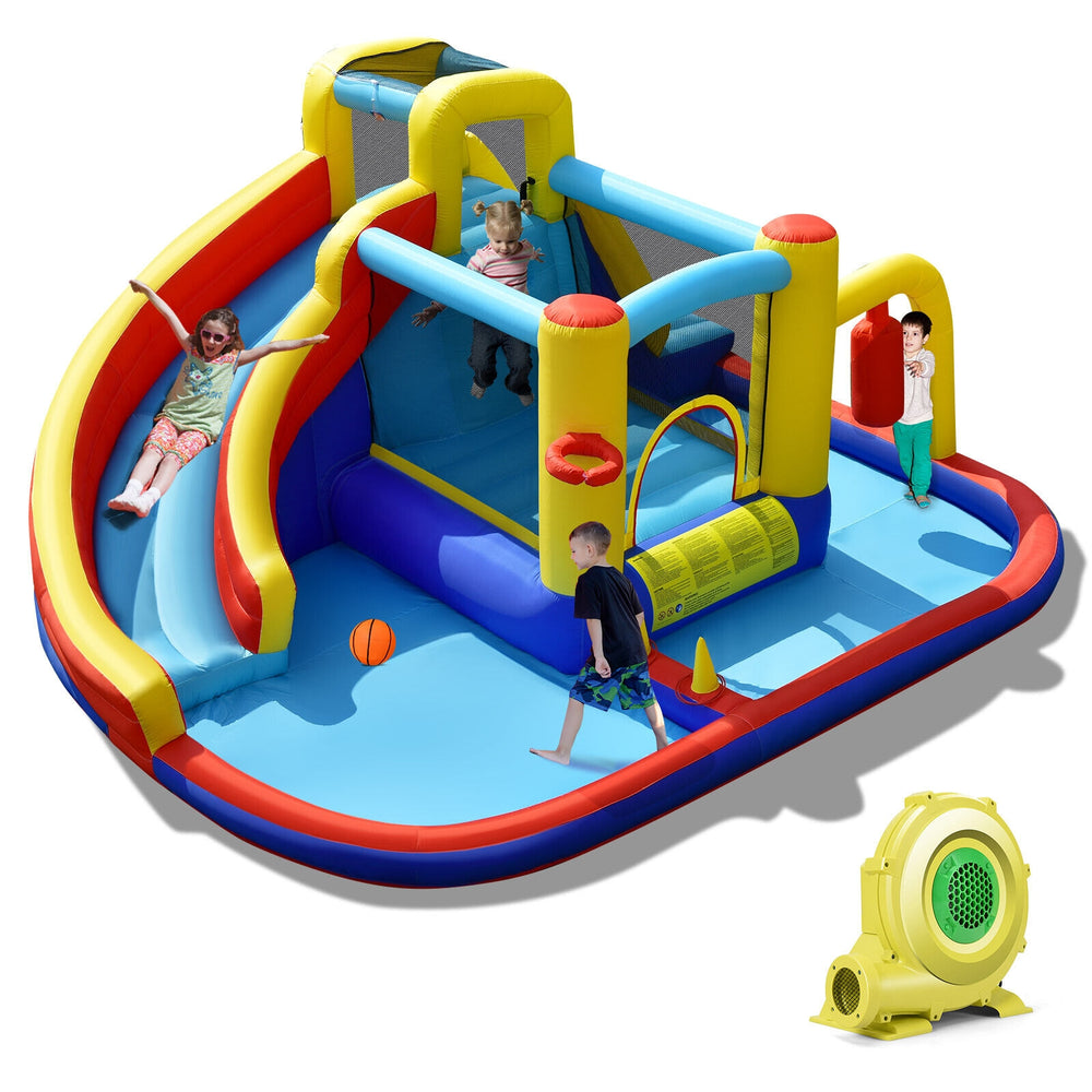 Inflatable water slide with splash pool, climbing wall, and basketball hoop for outdoor fun with 4 kids.