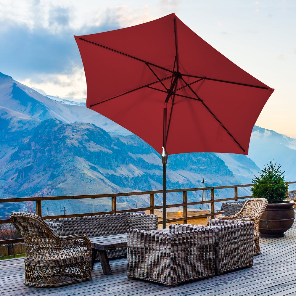 10 feet dark red outdoor patio umbrella with tilt adjustment, set against a mountain view, ideal for sun protection.