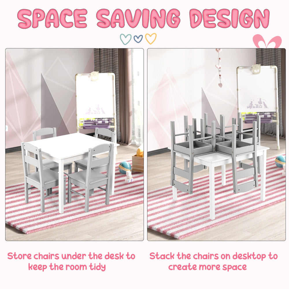 Kids table and chair set in white, showcasing space-saving design with chairs stacked on the table for easy storage.