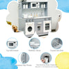 Wooden pretend play kitchen set featuring a realistic stove, sink, and working water dispenser for kids' imaginative.