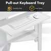 Pull-out keyboard tray of the white wooden study computer corner desk for space-saving and organized workspace.