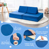 Convertible kids couch set in blue with soft suede cover, includes 2 folding mats and 2 pillows for imaginative play.