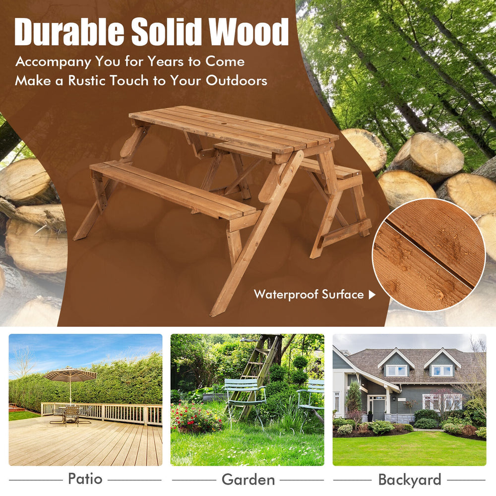 Transforming wooden picnic table bench in dark brown, accommodates 4 people, waterproof for outdoor use.