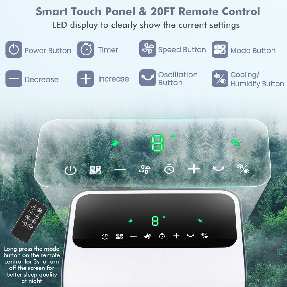 Close-up of the smart LED touch panel and remote control for the 3-in-1 evaporative air cooler, showcasing settings.
