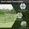 Large metal chicken coop with heavy-duty galvanized steel pipes and triangular structure for enhanced stability.
