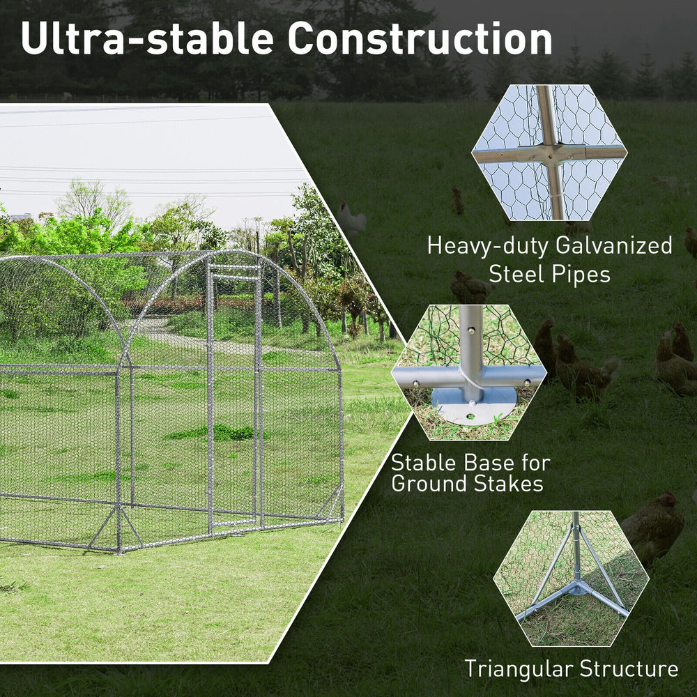 Large metal chicken coop with heavy-duty galvanized steel pipes and triangular structure for enhanced stability.