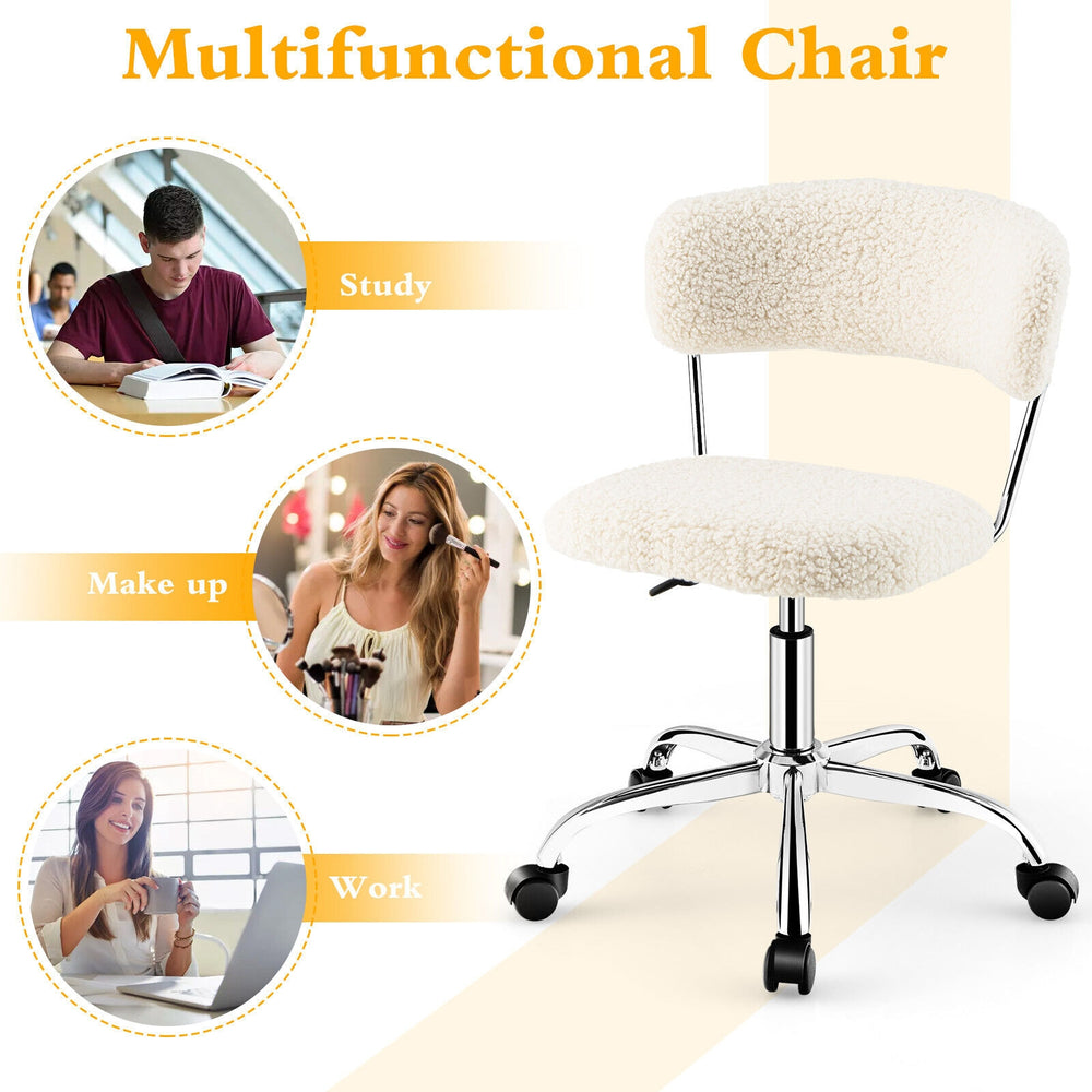 Adjustable Sherpa office chair with chrome base, 360-degree swivel, ideal for work, makeup, or leisure activities.