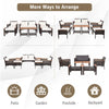 7-piece patio rattan furniture set arranged for outdoor use, featuring cushioned loveseat, chairs, and tables.