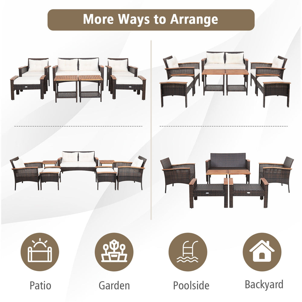 7-piece patio rattan furniture set arranged for outdoor use, featuring cushioned loveseat, chairs, and tables.