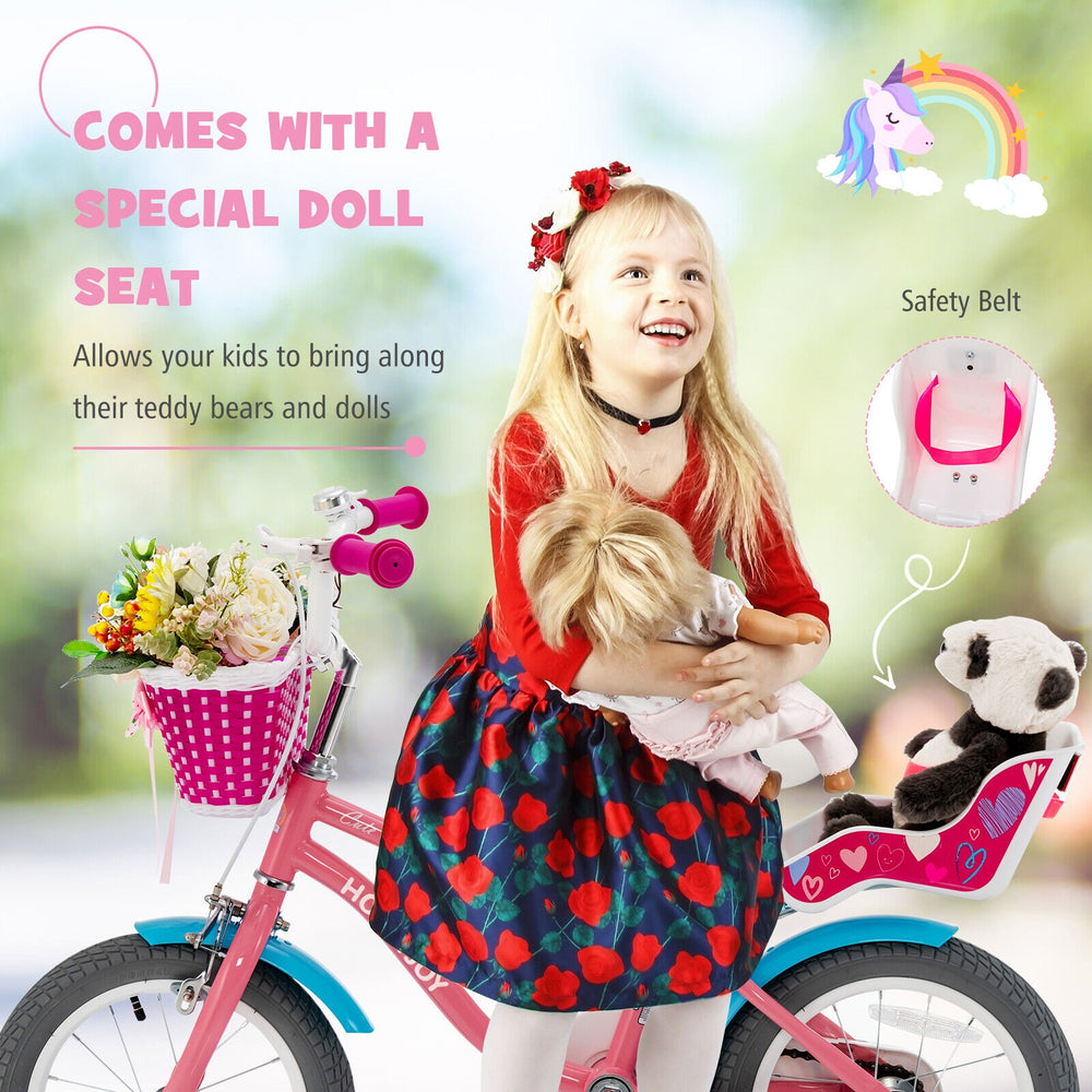 Kids' bicycle with a special doll seat, 14-inch wheels, training wheels, and a basket for fun outdoor adventures.