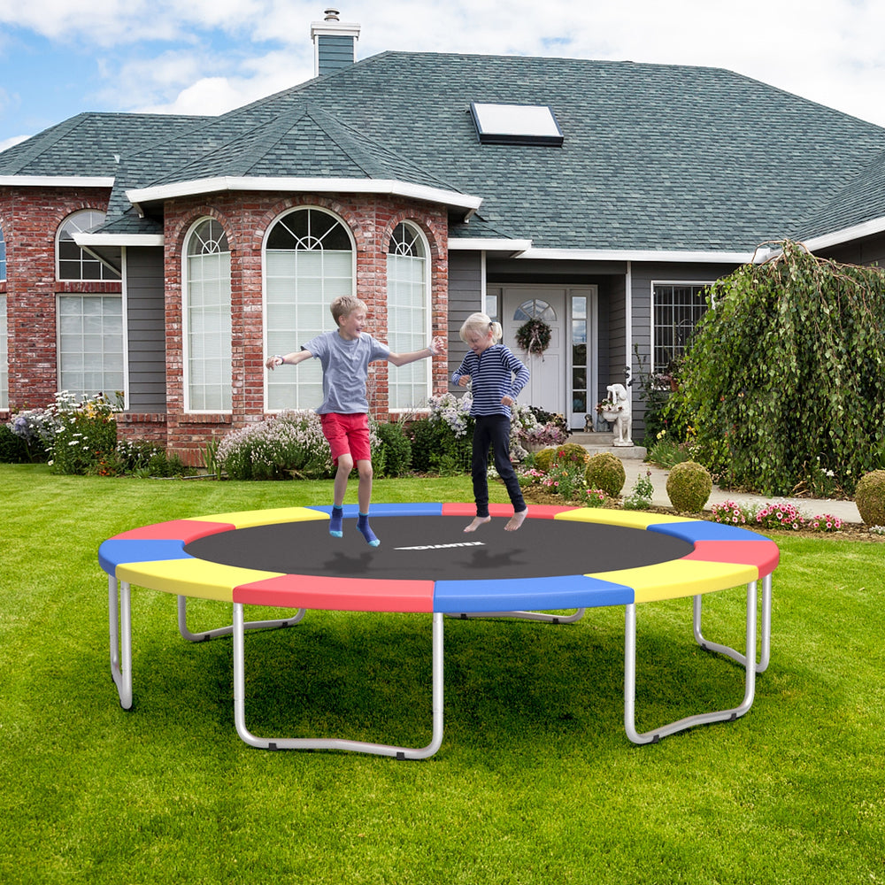 Multicolor 15 feet trampoline spring cover with EPE foam for safety, secured with straps, ideal for outdoor use.
